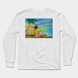 Hula Girl on the Beach Sunset Long Sleeve T-Shirt